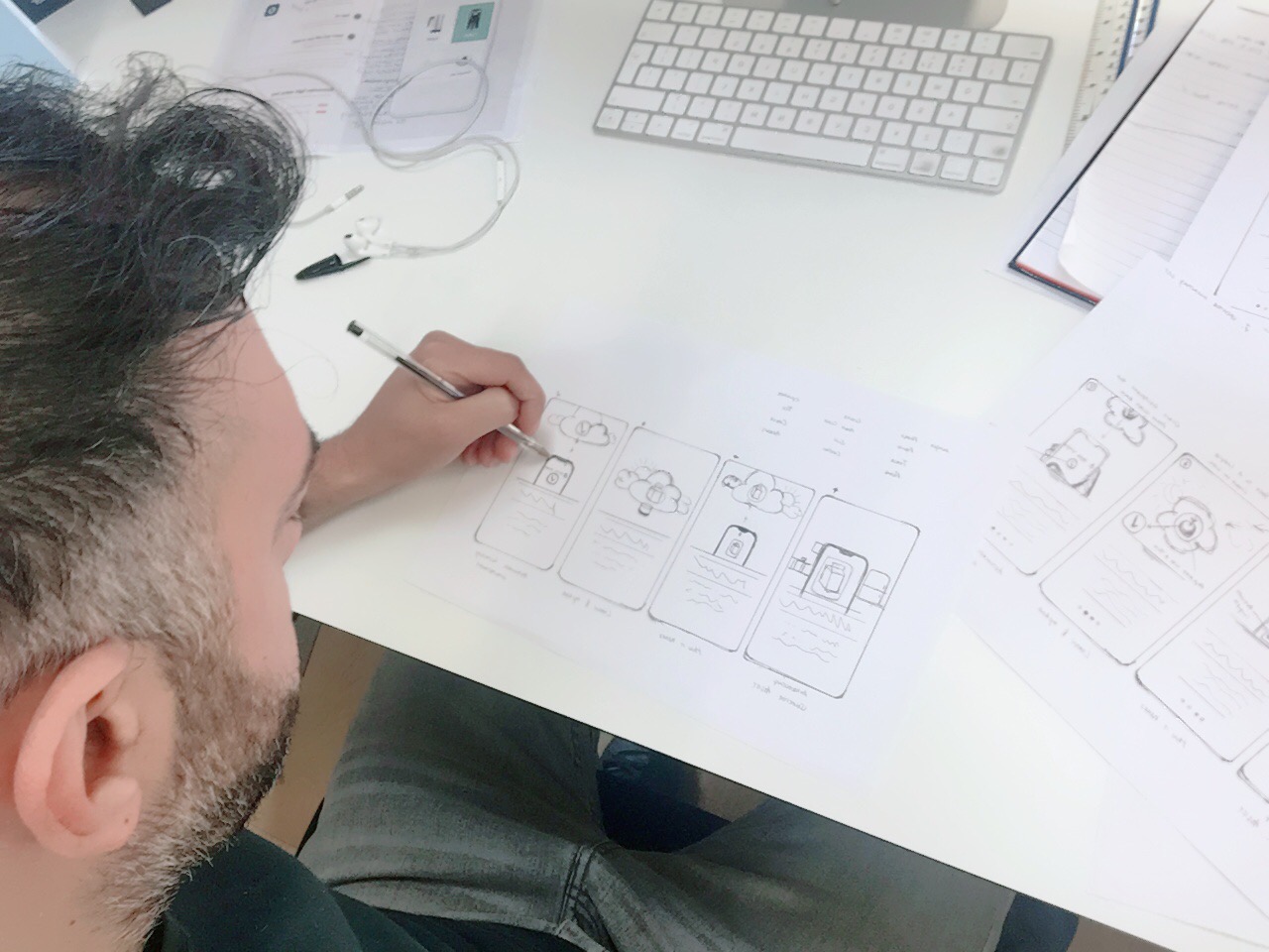 Sketching product-specific onboarding and control journeys on paper.