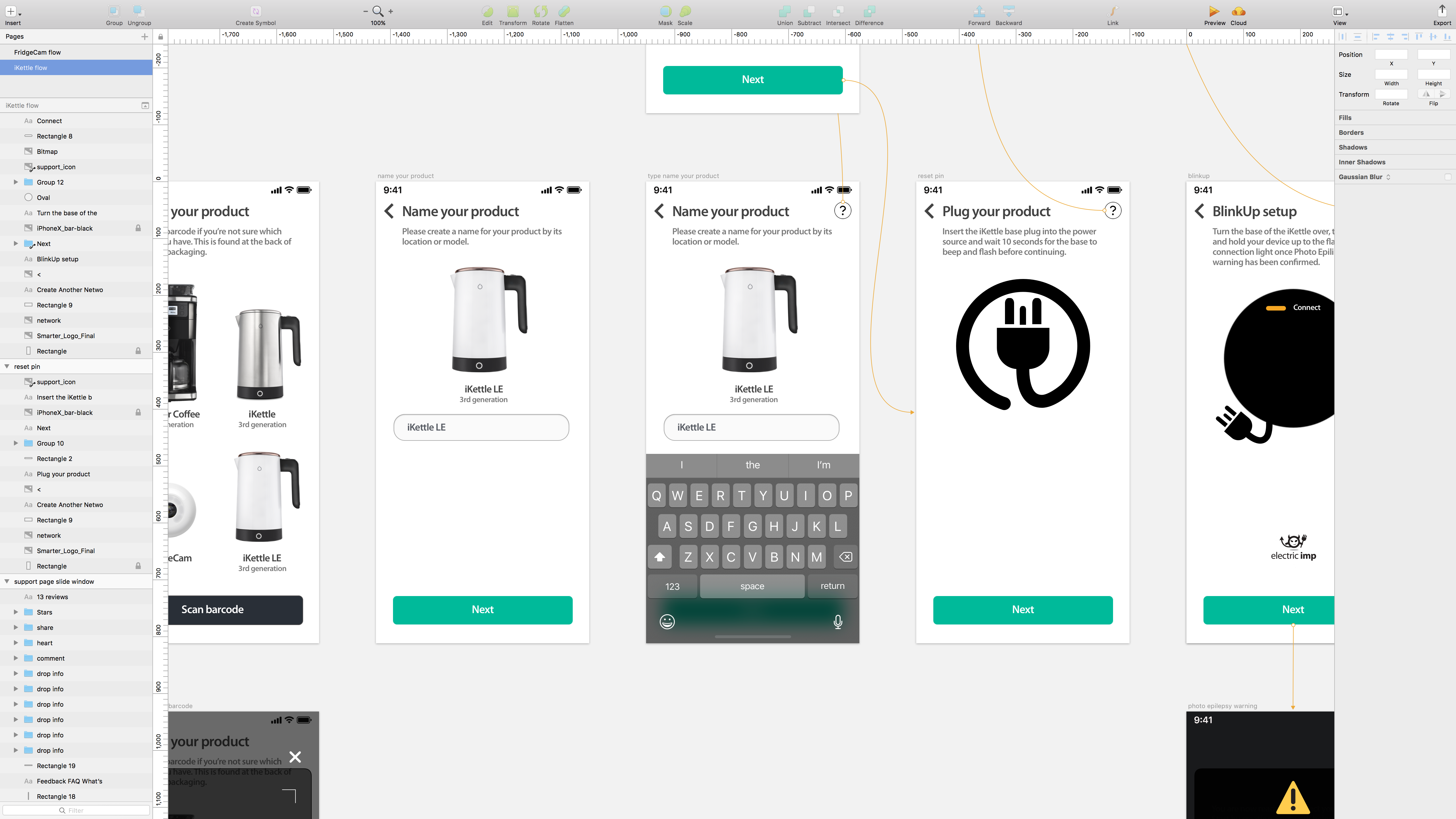 Sketch flow showing product selection, naming, hardware preparation and connection completion.