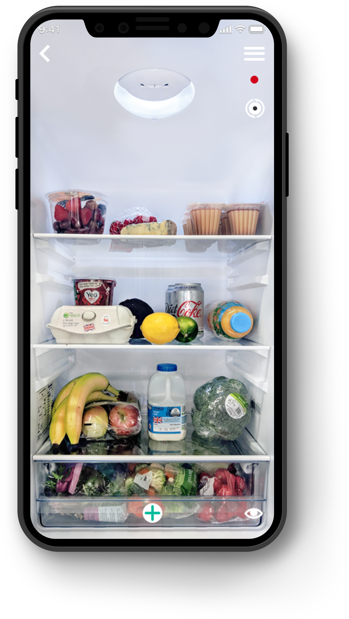 Smarter app showing a remote view of fridge contents on an iPhone.