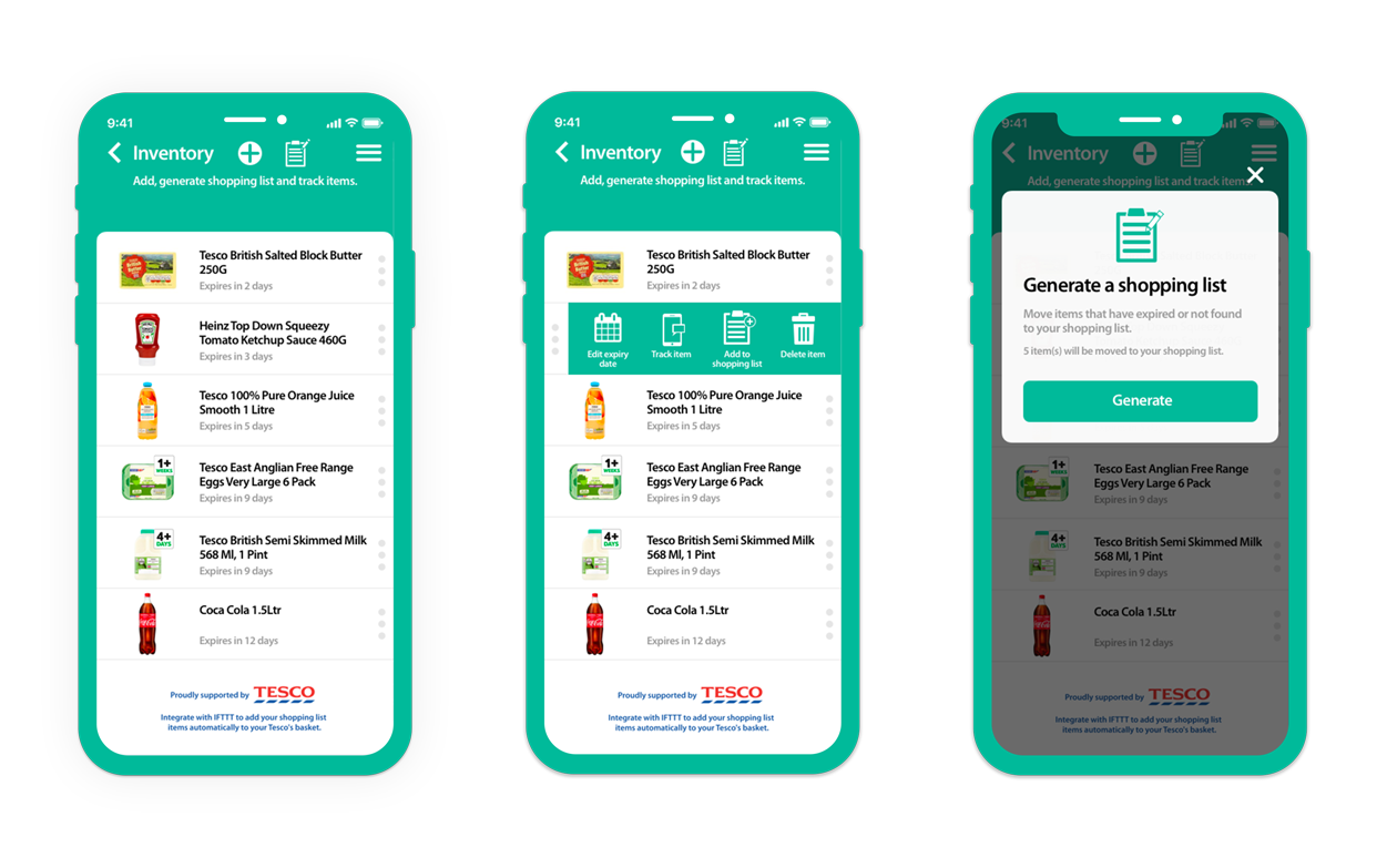 Smarter app inventory screen showing expiry dates, item actions and shopping-list generation.