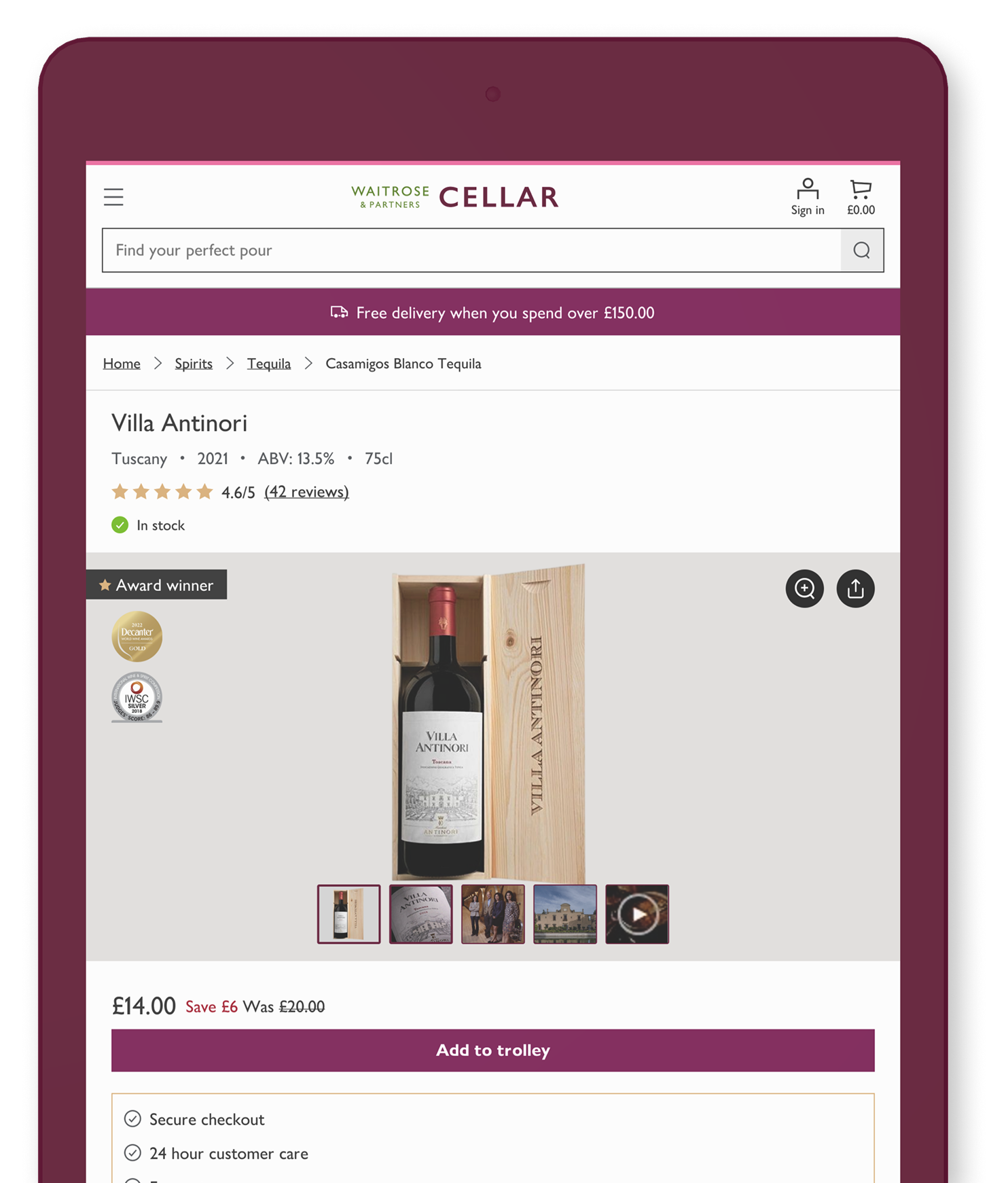 Waitrose Cellar product page on iPad showing the premium shopping experience.