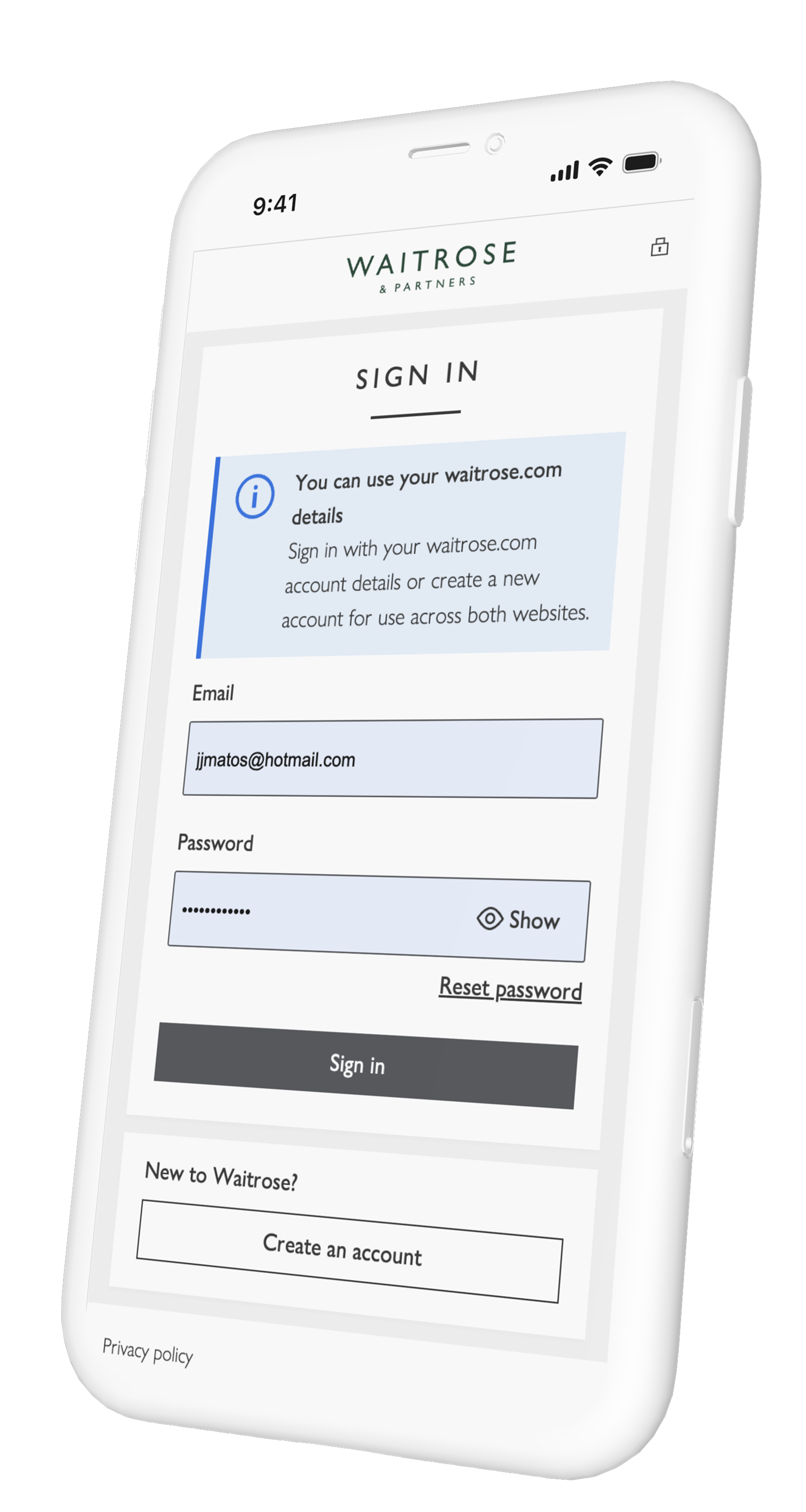 Waitrose sign-in screen showing shared waitrose.com account authentication.