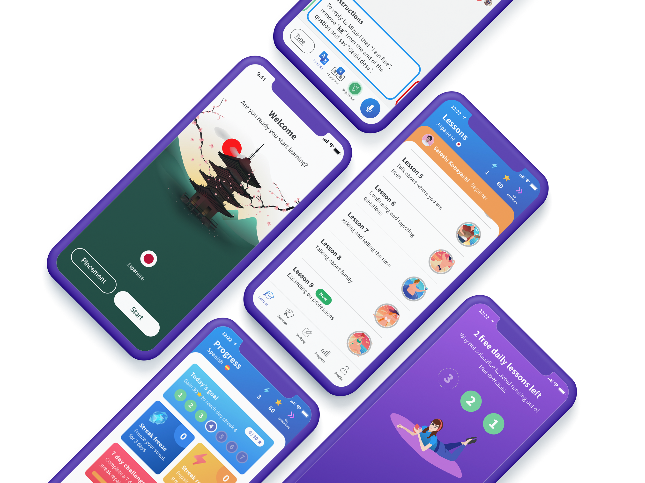 Kaizen Languages app mockups showing welcome, AI conversation, lessons, progress and subscription screens.