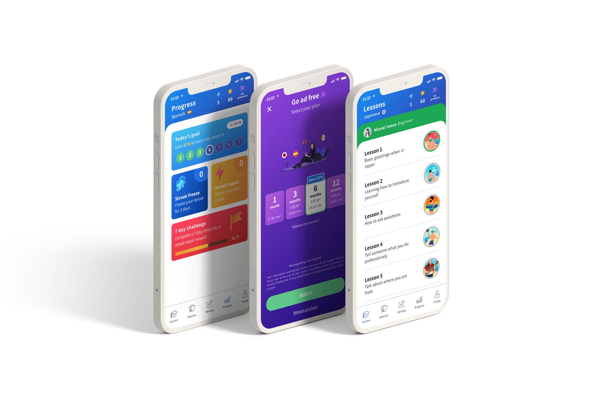 Isometric collage of Kaizen Languages app screens showing lessons, progress, grammar exercises and rewards.
