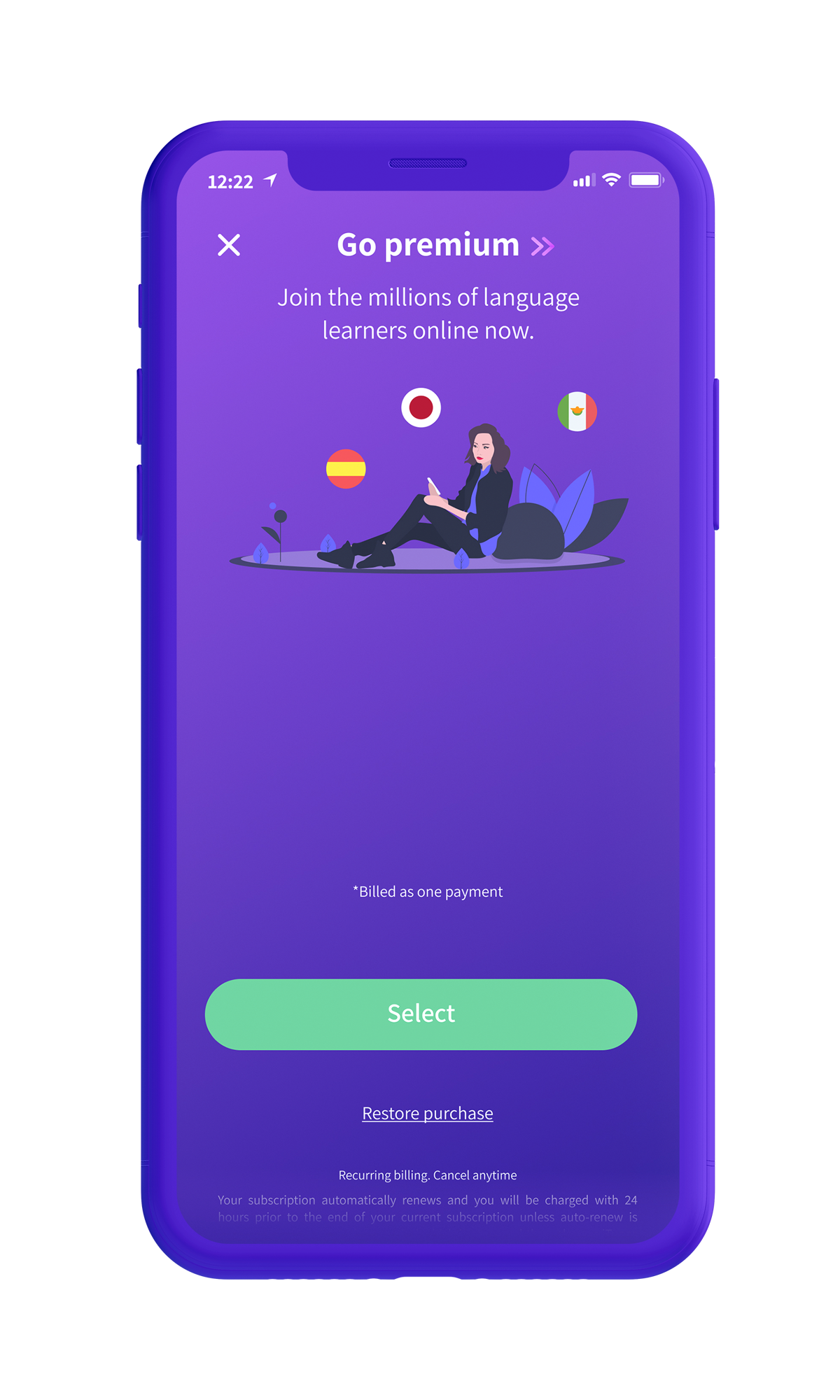Kaizen Languages Go premium subscription screen on iPhone