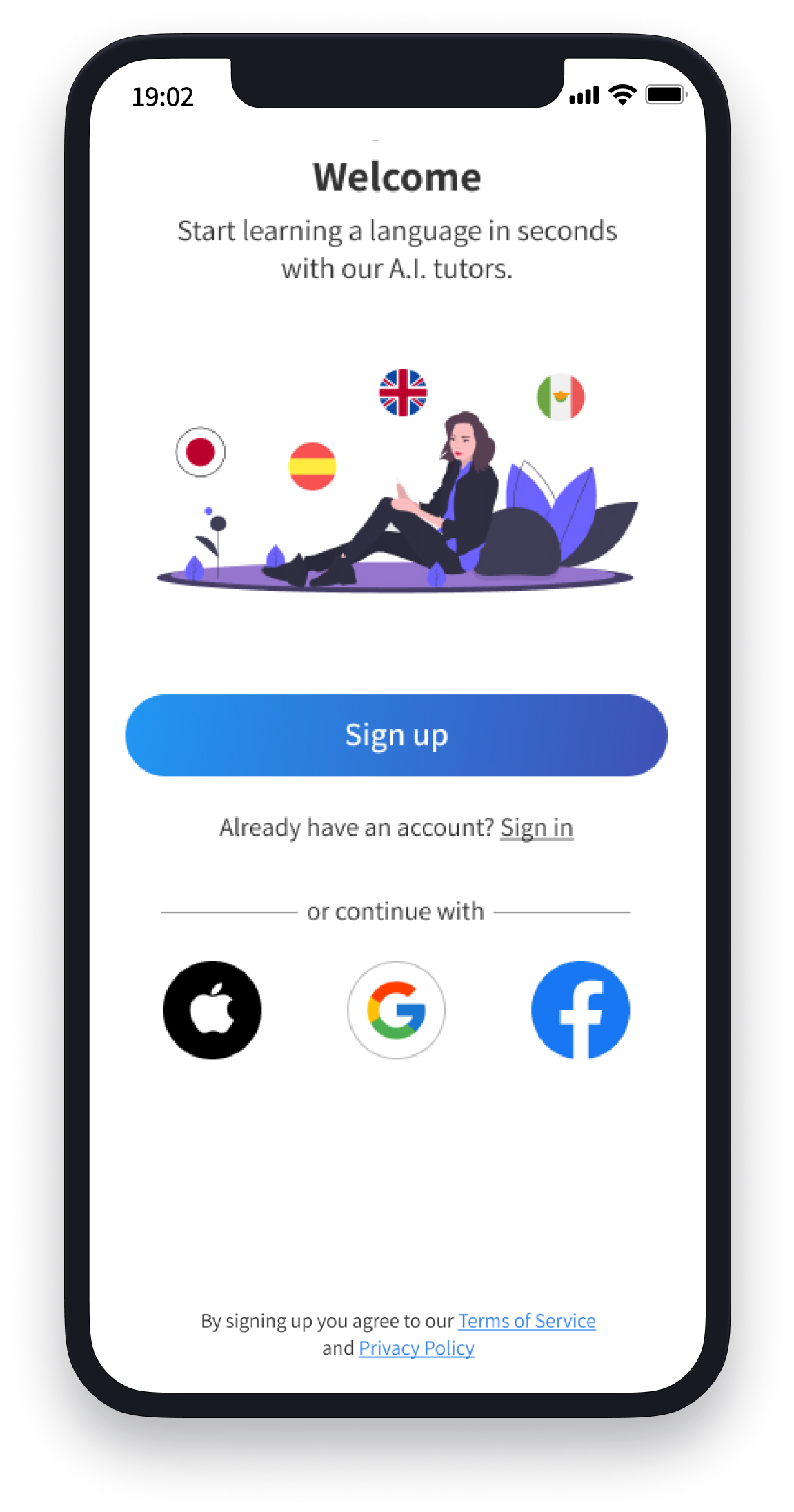 Kaizen Languages welcome screen showing sign-up and Apple, Google and Facebook sign-in options
