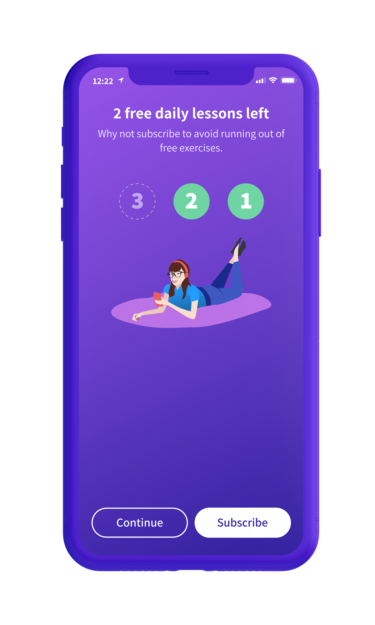 Kaizen Languages free daily lessons limit screen encouraging subscription.