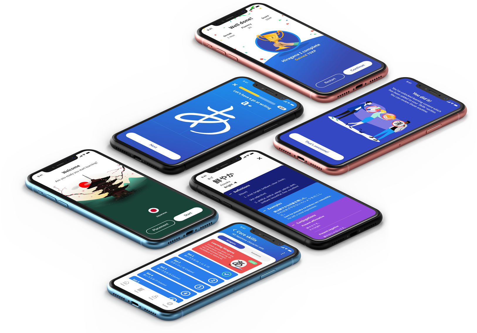 Kaizen Languages mobile app showing the Japanese beginner lesson list.