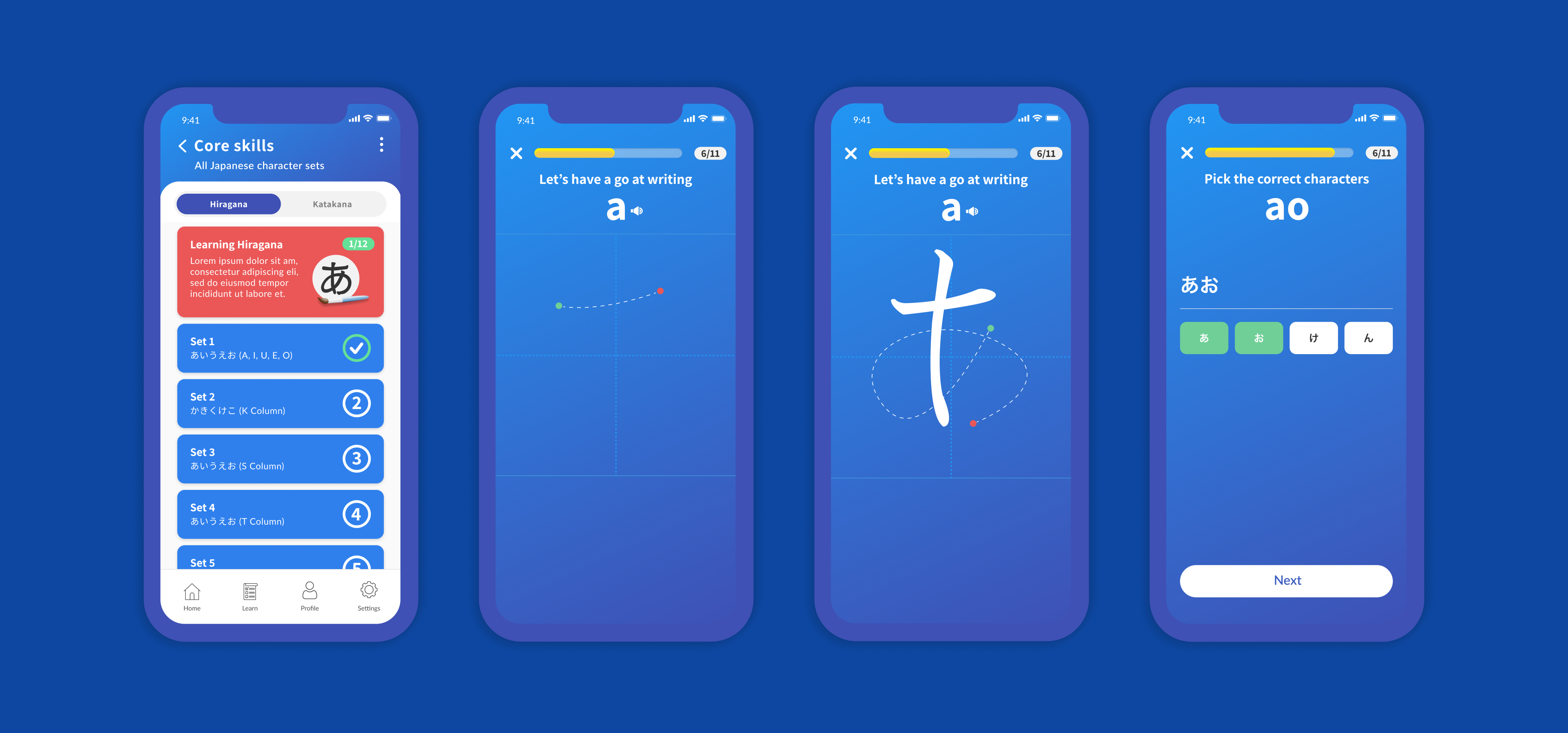 Kaizen Languages Hiragana writing flow showing character sets, stroke practice and recall quiz.