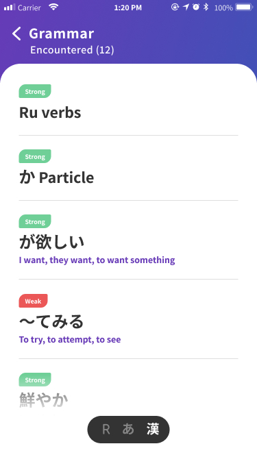 Kaizen Languages grammar list showing encountered grammar points with confidence markers.