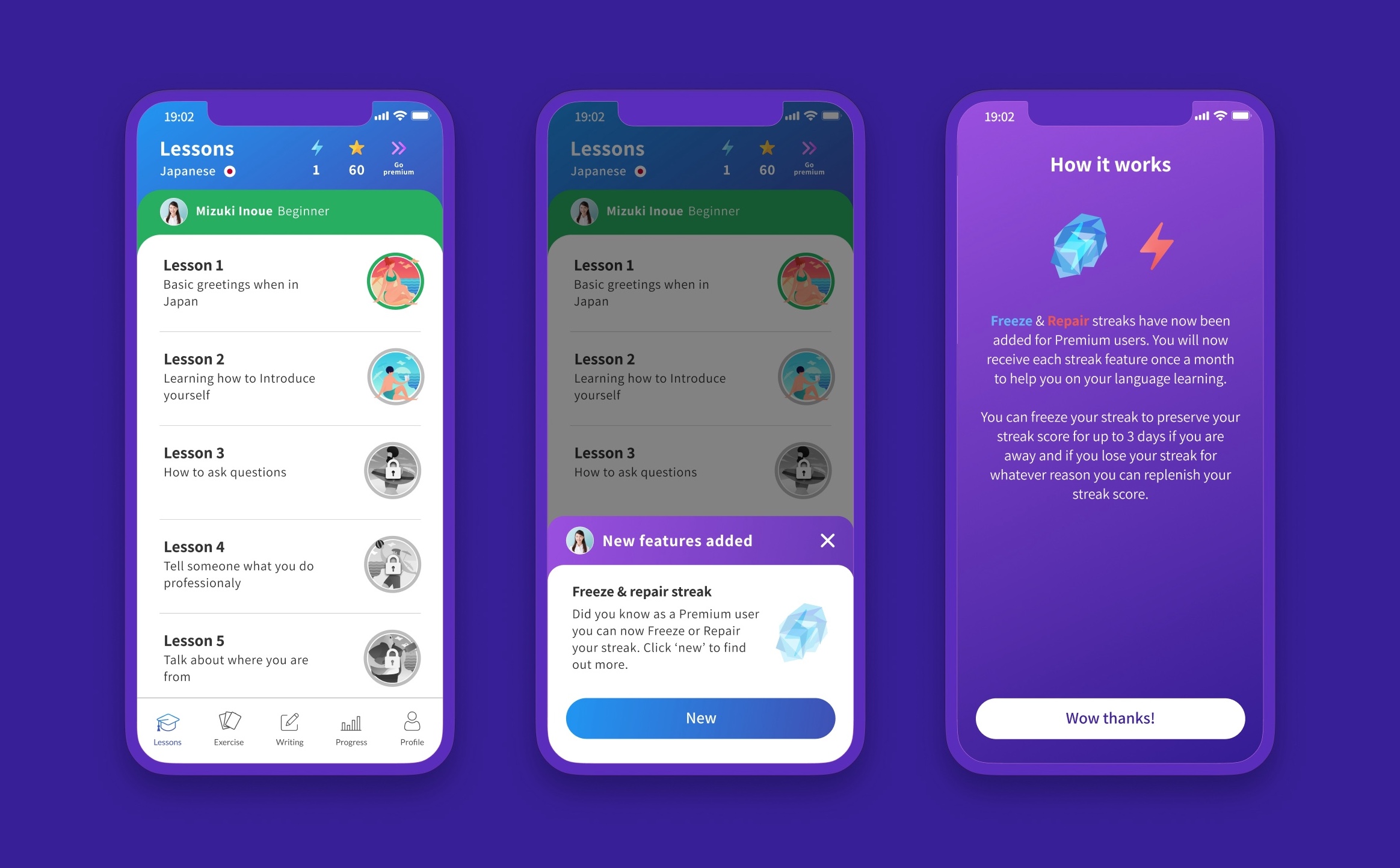 Kaizen Languages streak screens showing freeze and repair mechanics across lessons, announcements and onboarding.