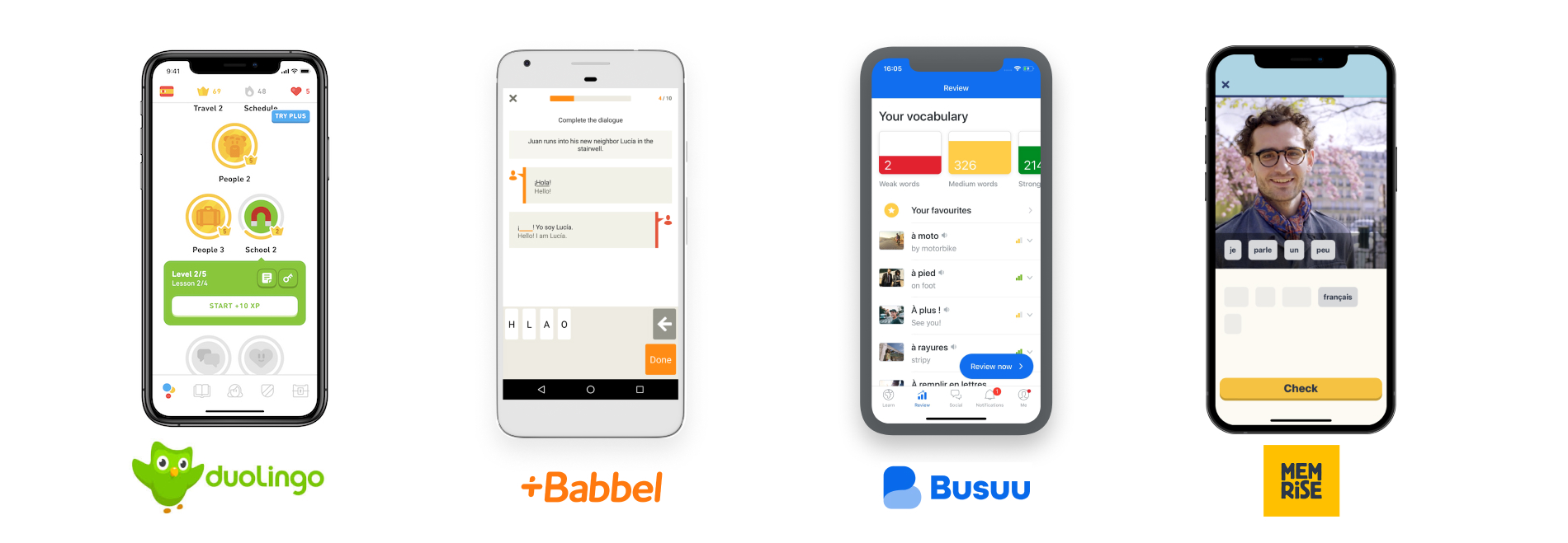 Comparison of Duolingo, Babbel, Busuu and Memrise mobile app interfaces reviewed during competitor analysis.