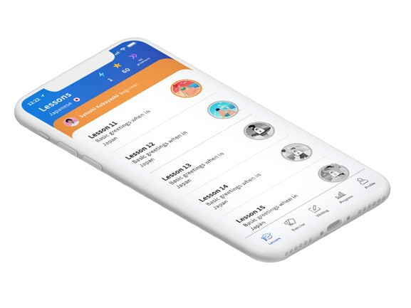 Kaizen Languages iPhone mockup showing the Japanese lessons interface.