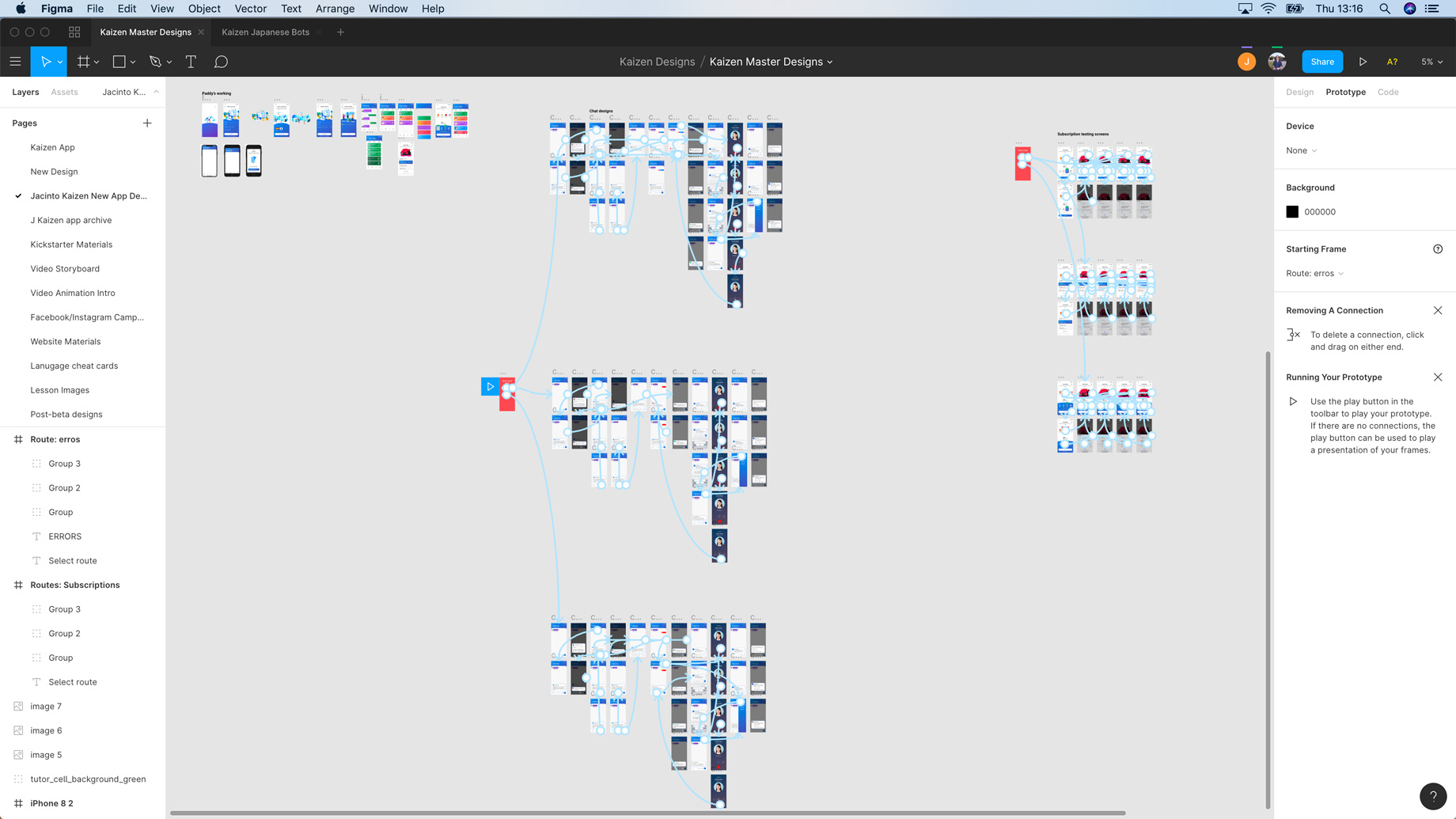 Figma board showing three explored app design routes with onboarding, sign-up and lesson flows.