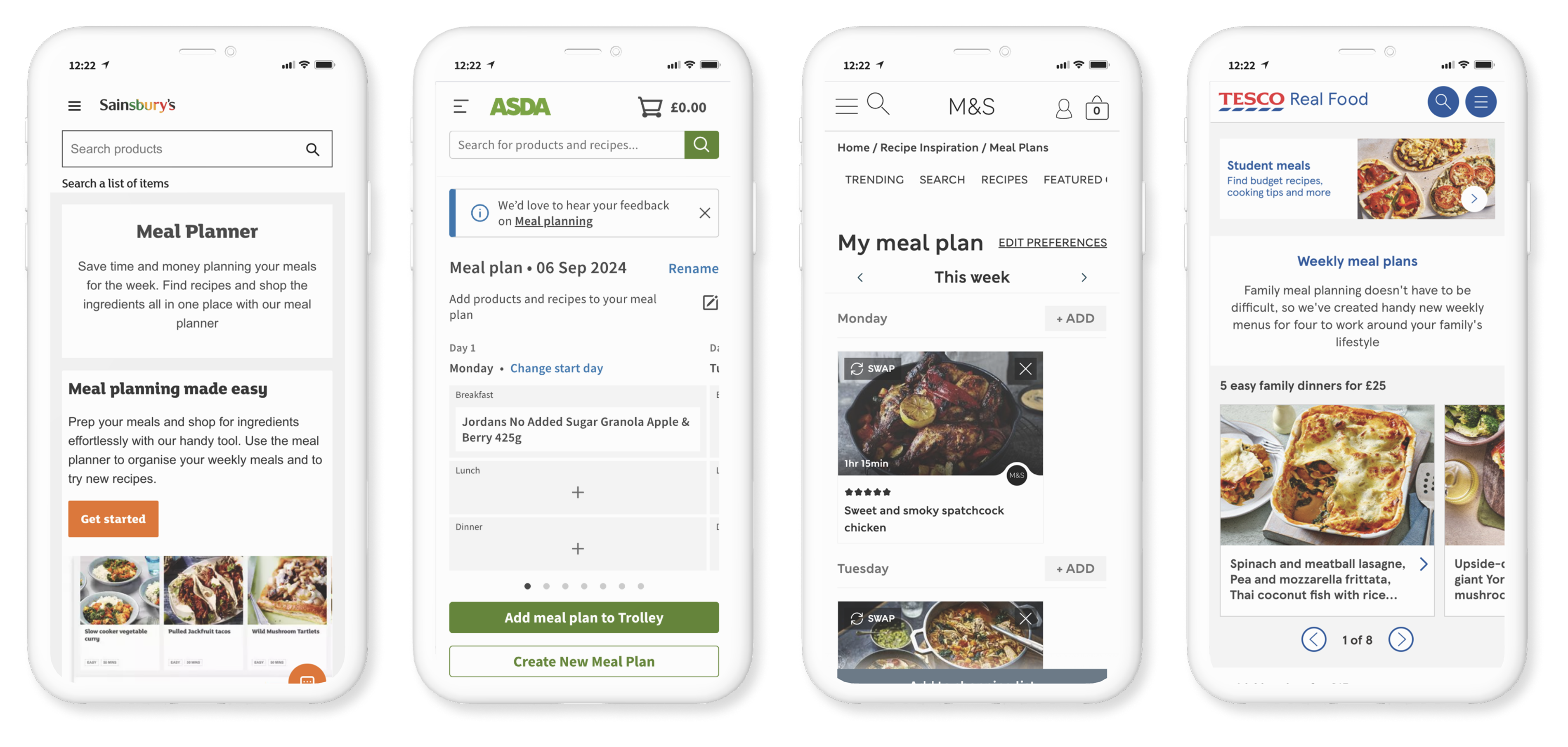 Mobile competitor analysis showing Sainsbury's, Asda, M&S and Tesco meal planning experiences