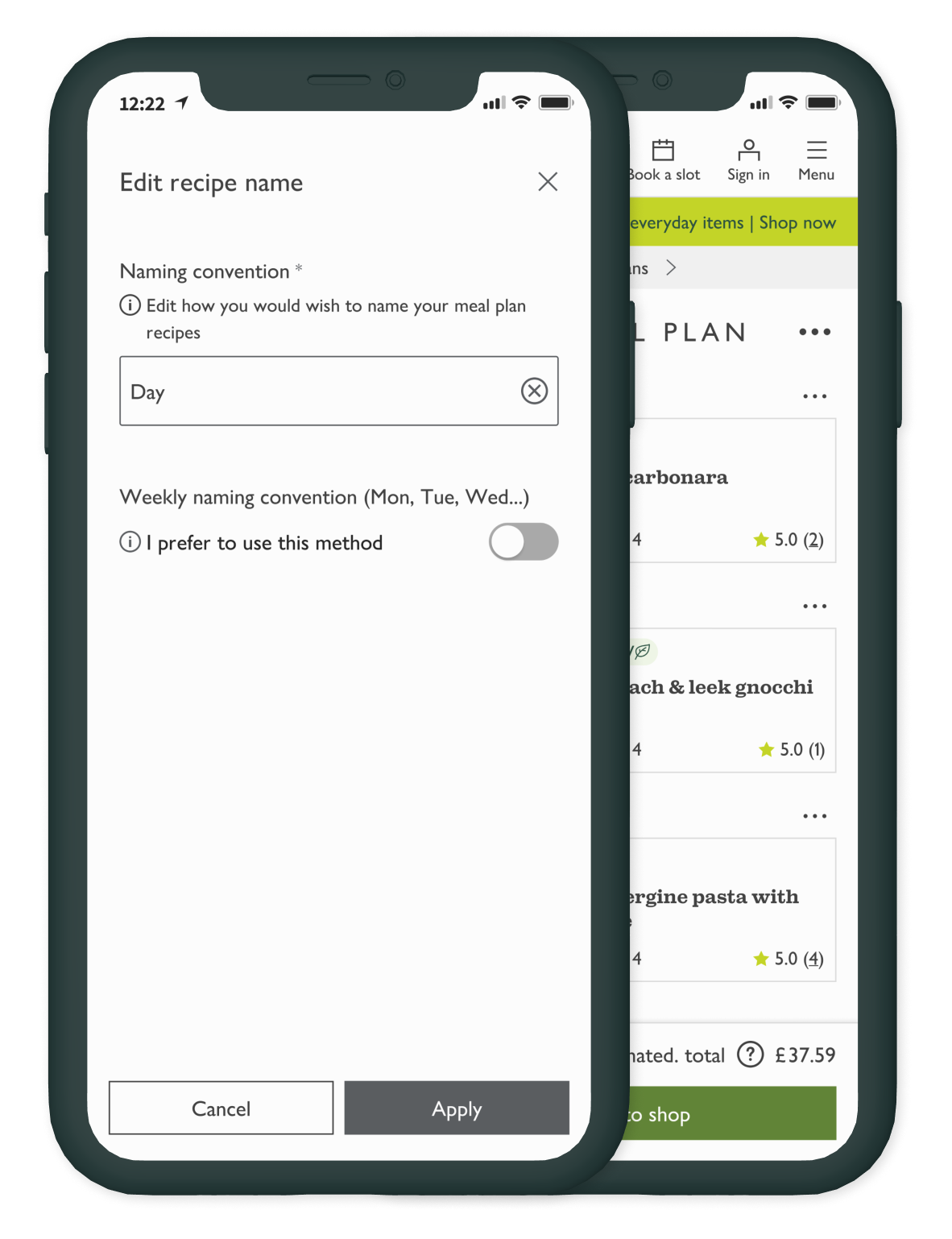 Mobile mockup showing the recipe name convention editor within the Meal Plans experience.