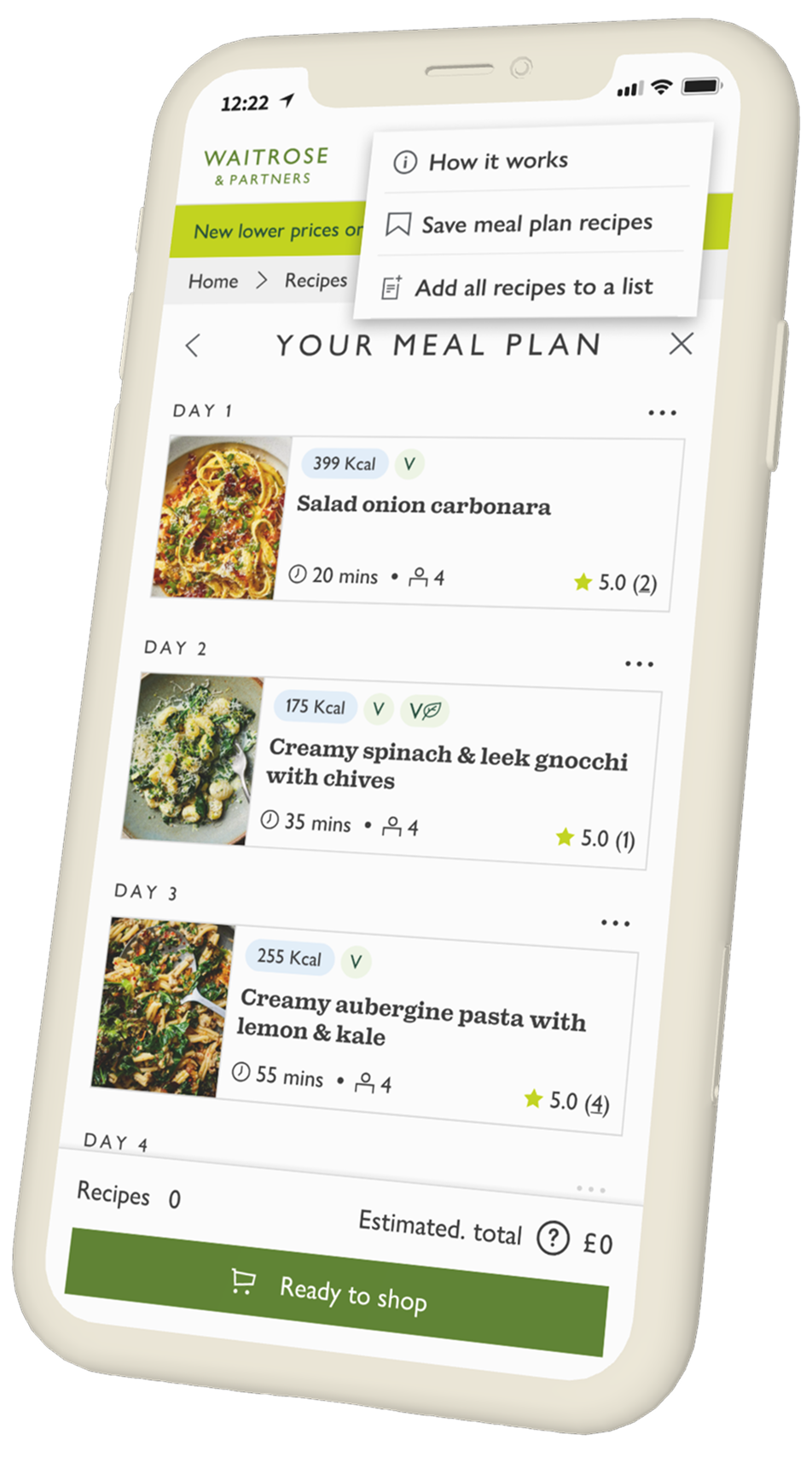 Mobile meal plan screen showing weekly recipes with ready to shop action.