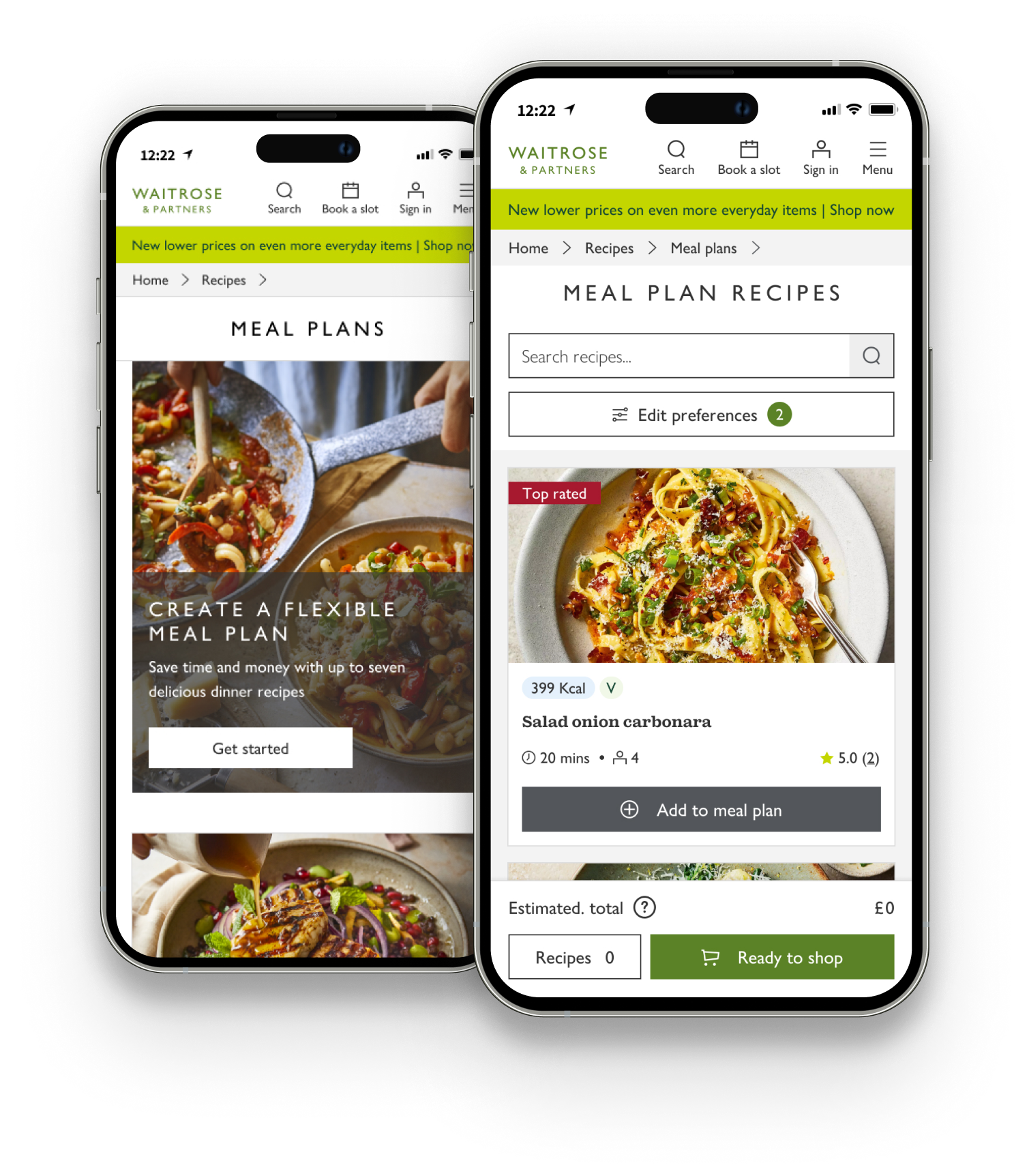 Waitrose Meal Plans mobile screens showing recipe discovery and weekly meal planning.