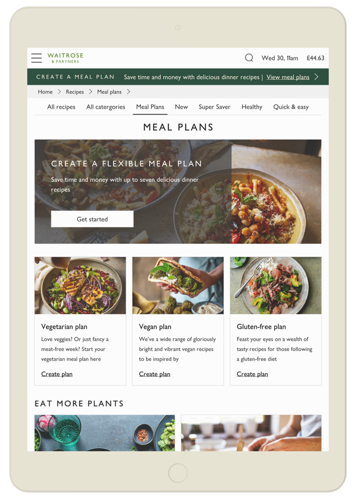 iPad mockup showing the Waitrose Meal Plans landing page with vegetarian, vegan and gluten-free plan options.