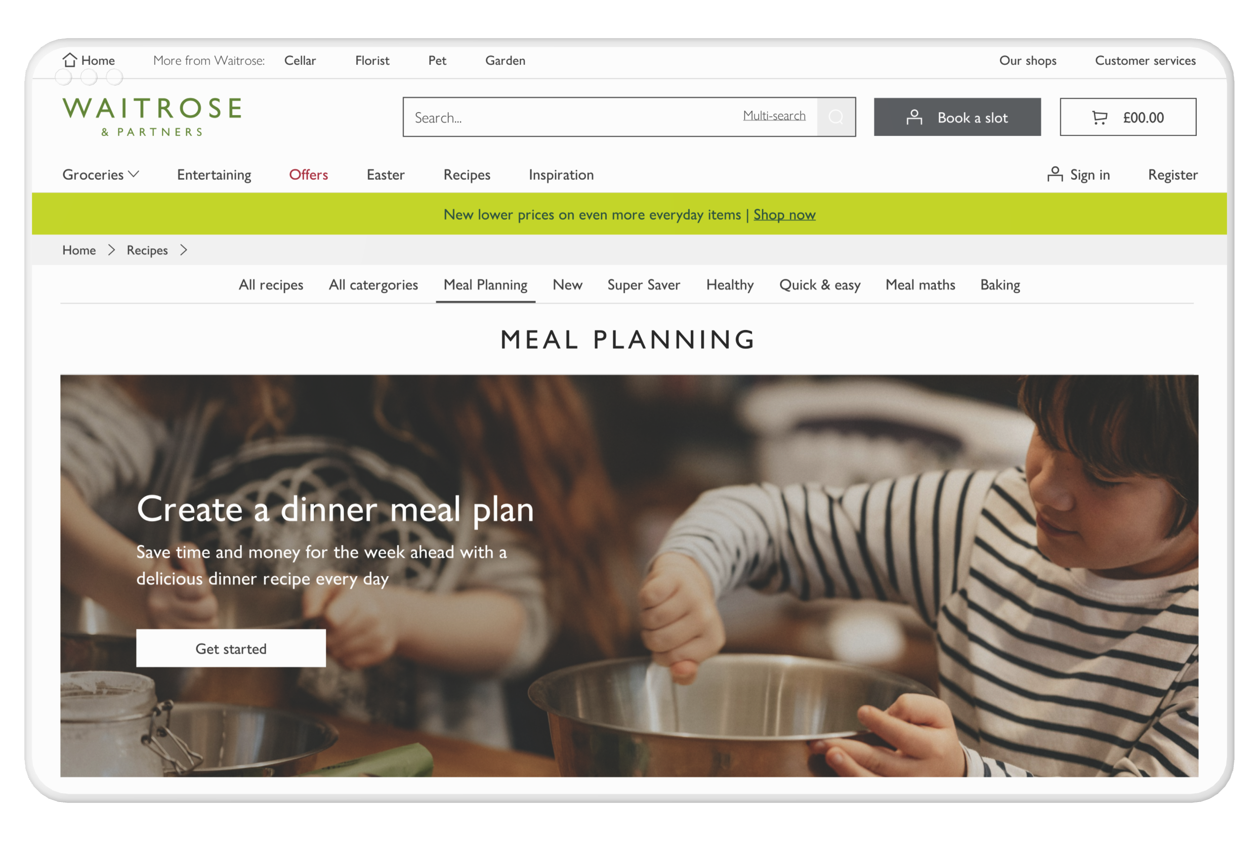 Waitrose Meal Planning landing page showing a family cooking hero and get started call to action.
