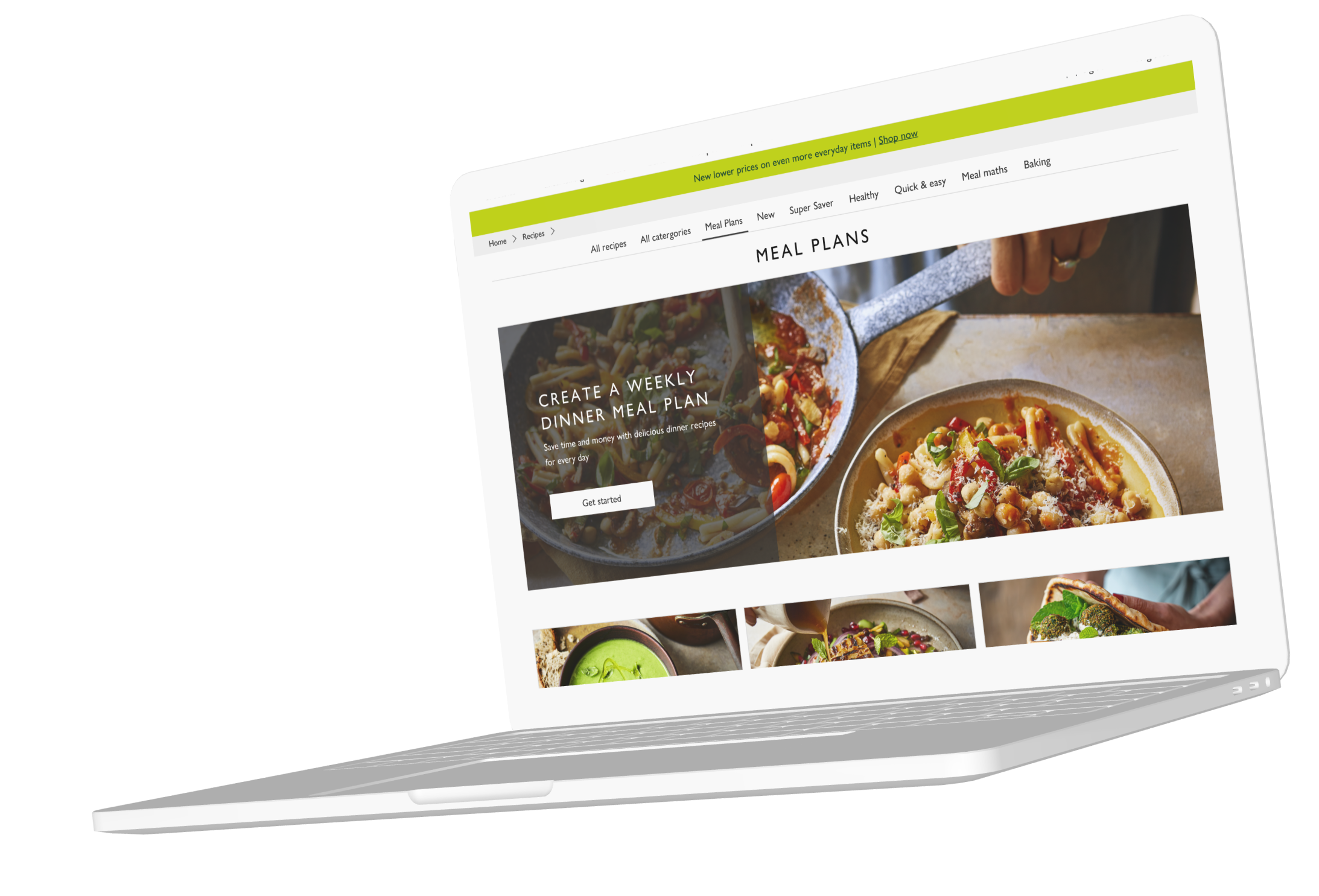 Laptop mockup showing the Waitrose Meal Plans landing page with weekly dinner planning hero.