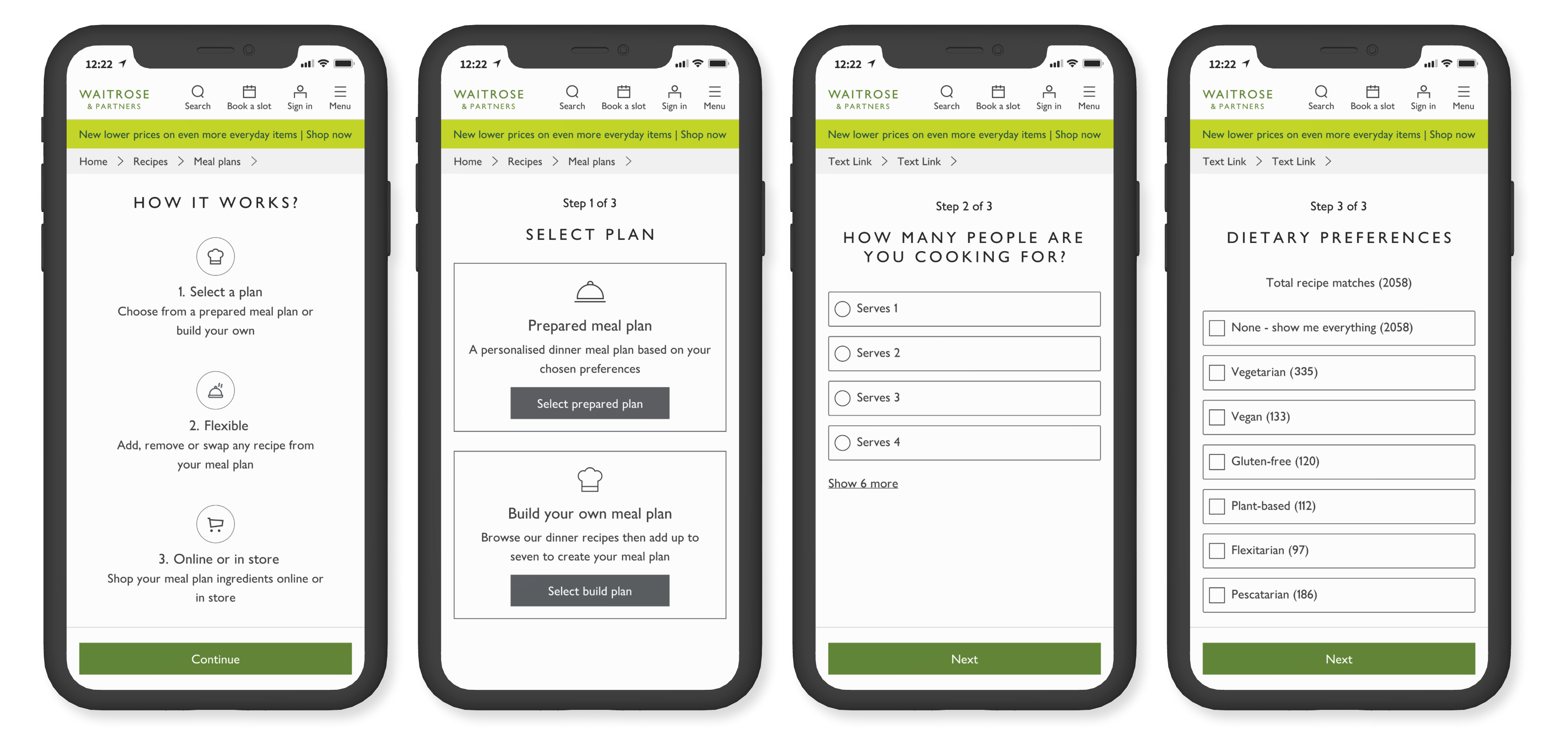 Meal Plans onboarding flow across four mobile screens showing how it works, plan selection and preferences.