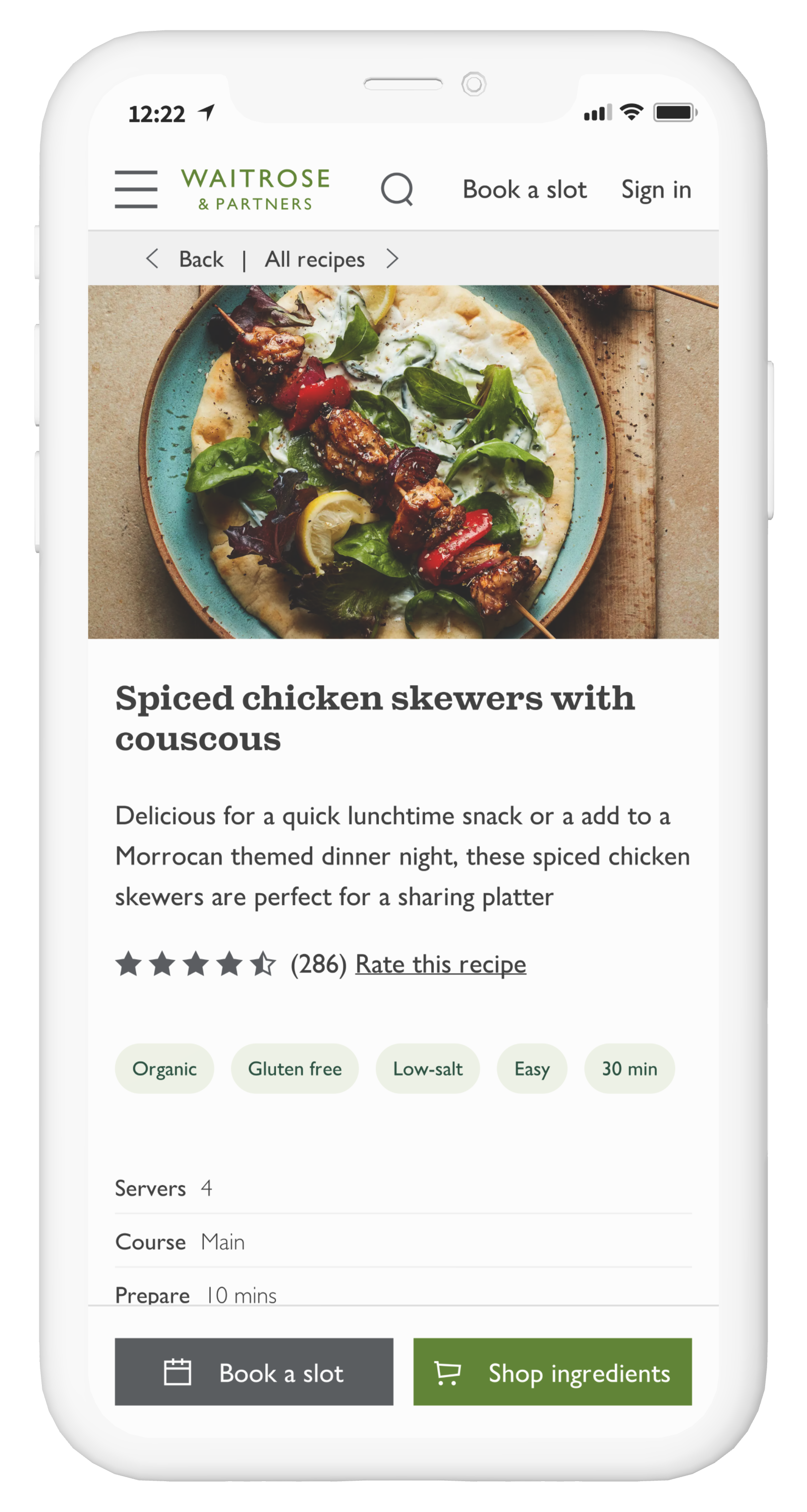 Waitrose recipe page on mobile showing spiced chicken skewers with dietary tags and shop ingredients CTA.