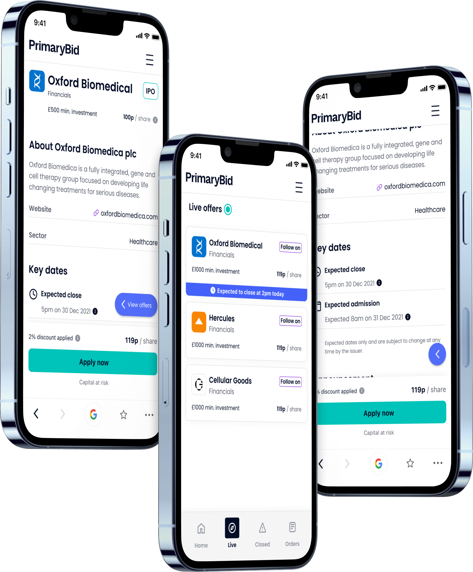 Three mobile-web screens showing PrimaryBid live offers, offer detail and key dates across the responsive T-Web experience.