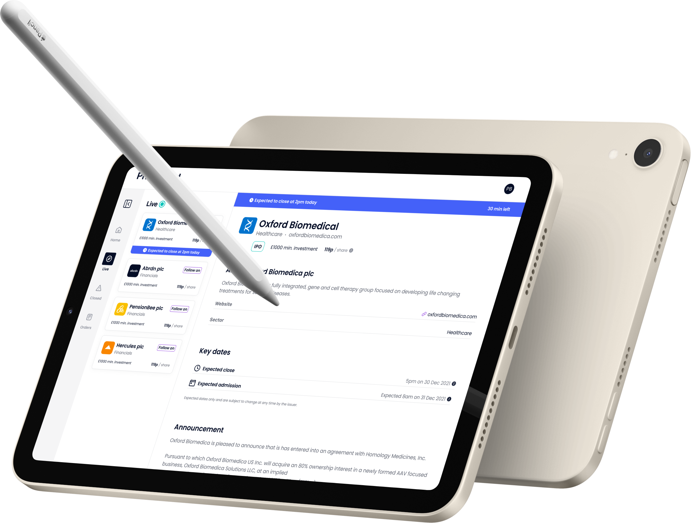 Tablet T-Web screen showing company detail, key dates and apply action within the responsive offer experience.