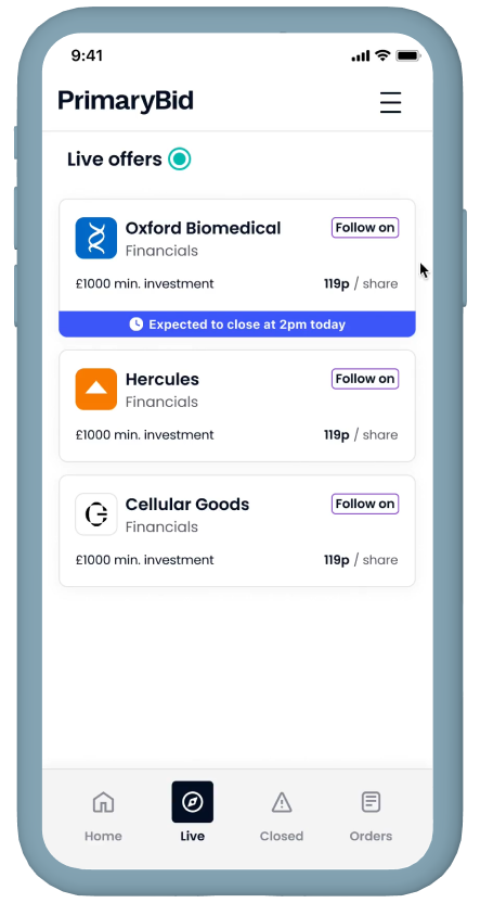 Existing PrimaryBid native app live-offers screen shown for product and channel context.