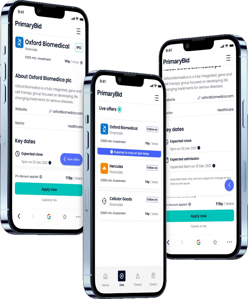 Three iPhone screens showing PrimaryBid live offers, navigation and offer discovery.