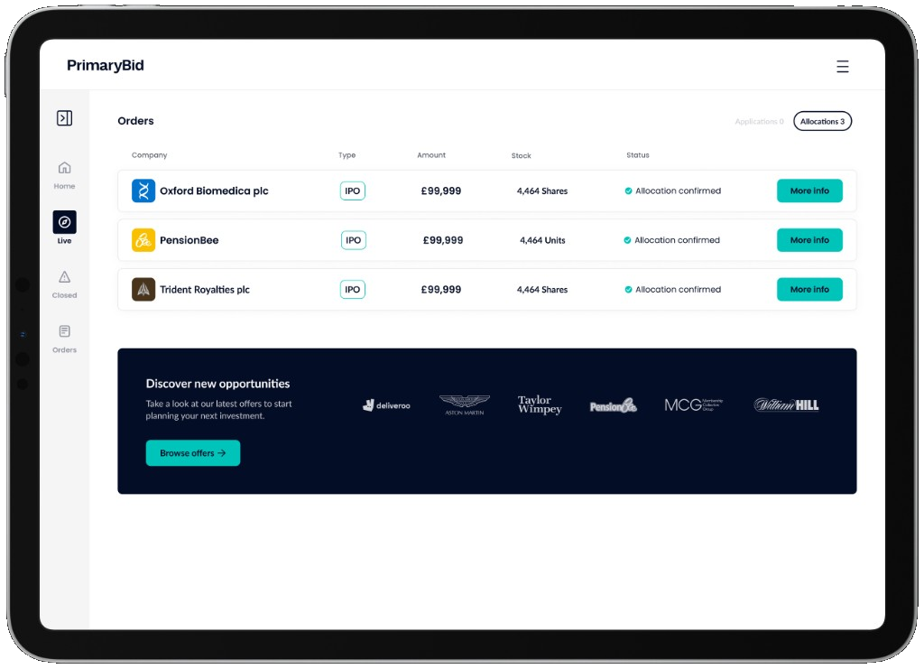 iPad showing PrimaryBid orders and allocations dashboard.