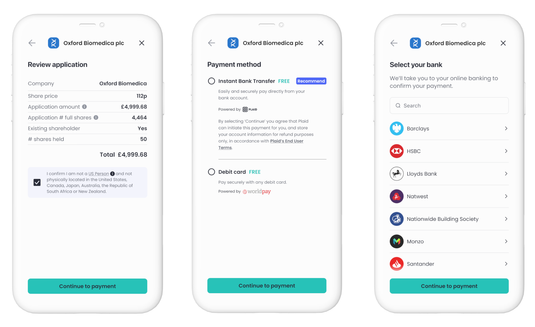 Responsive PrimaryBid web flow showing application review, payment-method selection and bank confirmation.