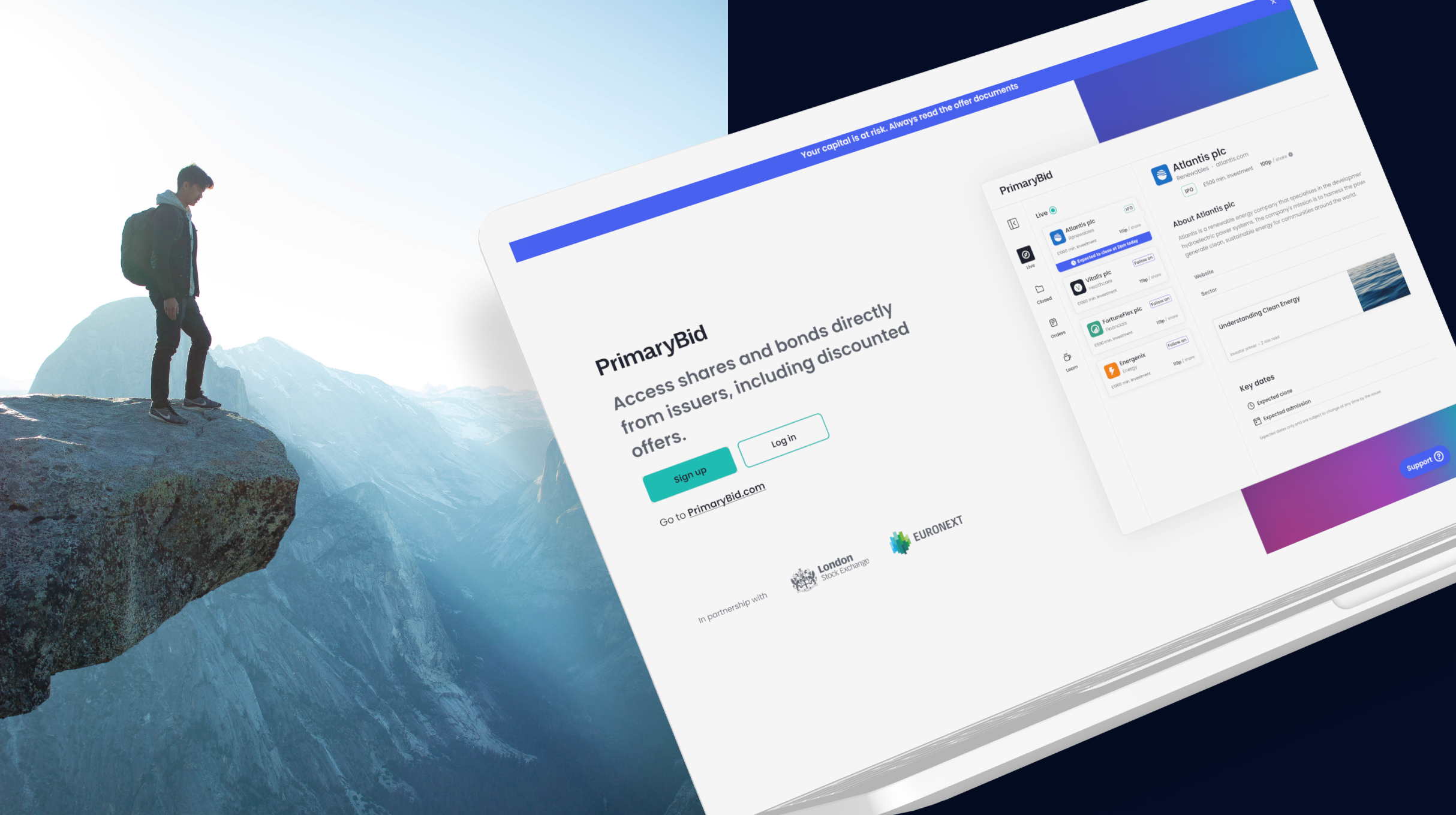 Early PrimaryBid transactional web product vision showing onboarding, live offers and order history.