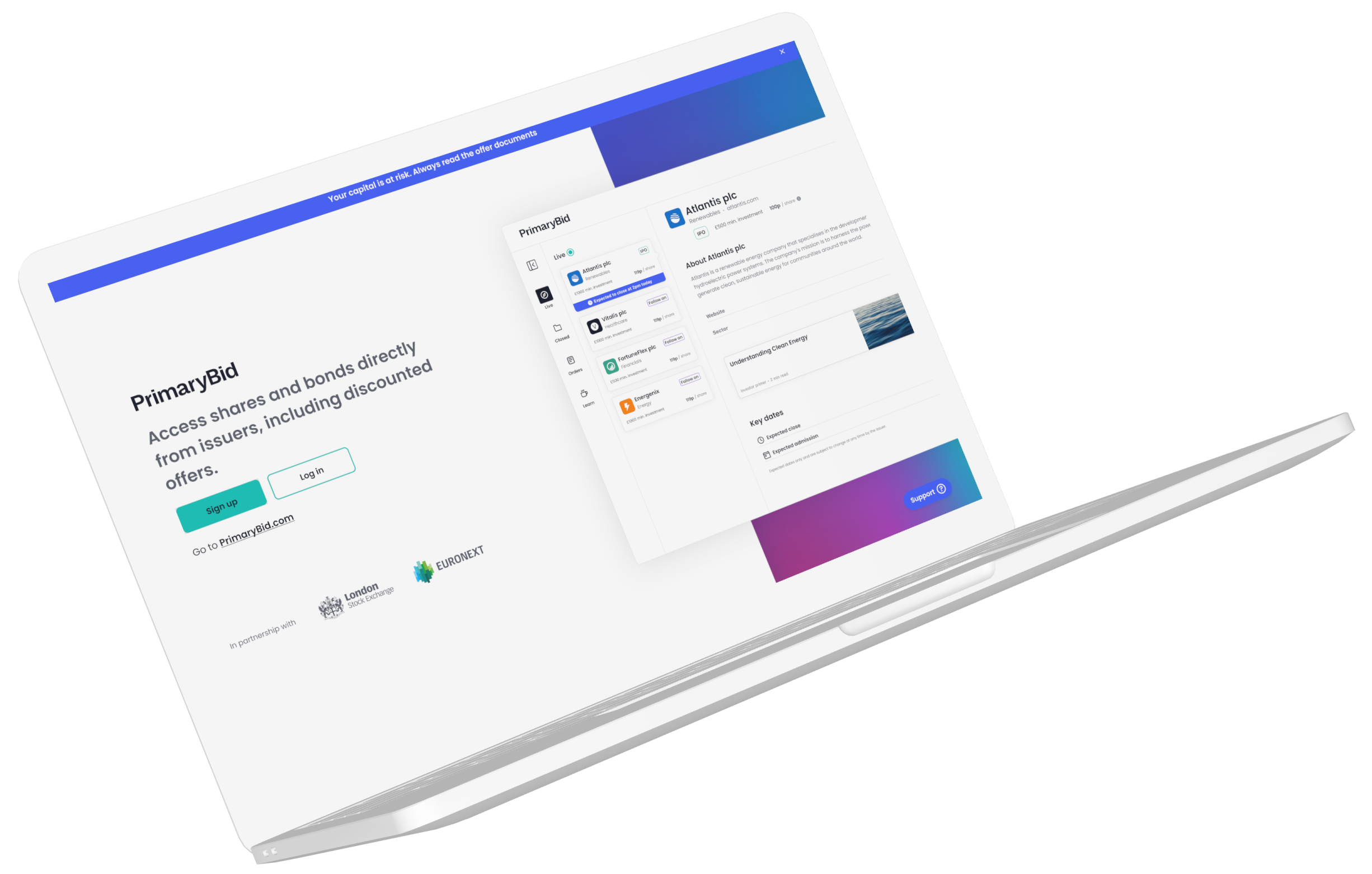 Desktop transactional-web interface for PrimaryBid T-Web with live offers and company detail.