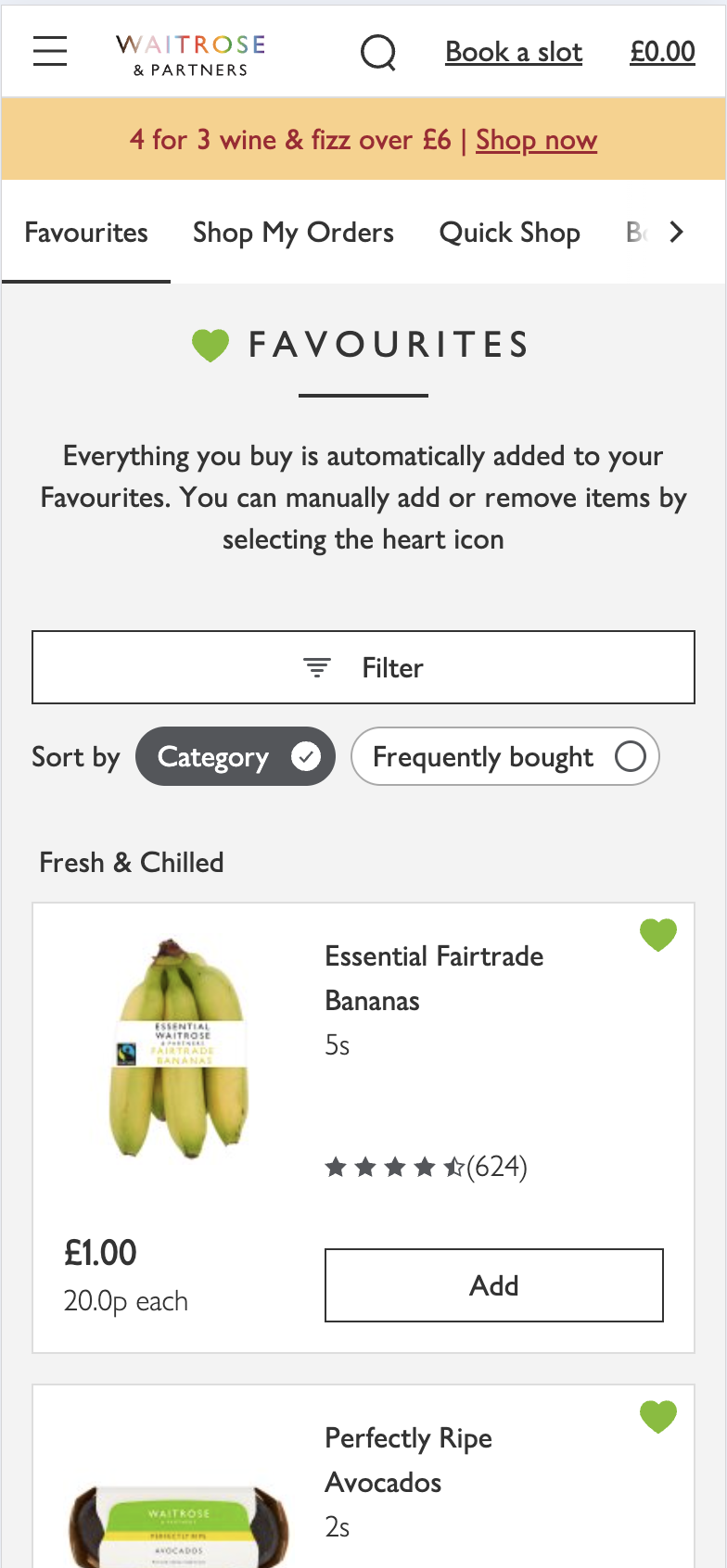 Waitrose Favourites mobile screen showing category filters, sort options and a long list of previously purchased products.