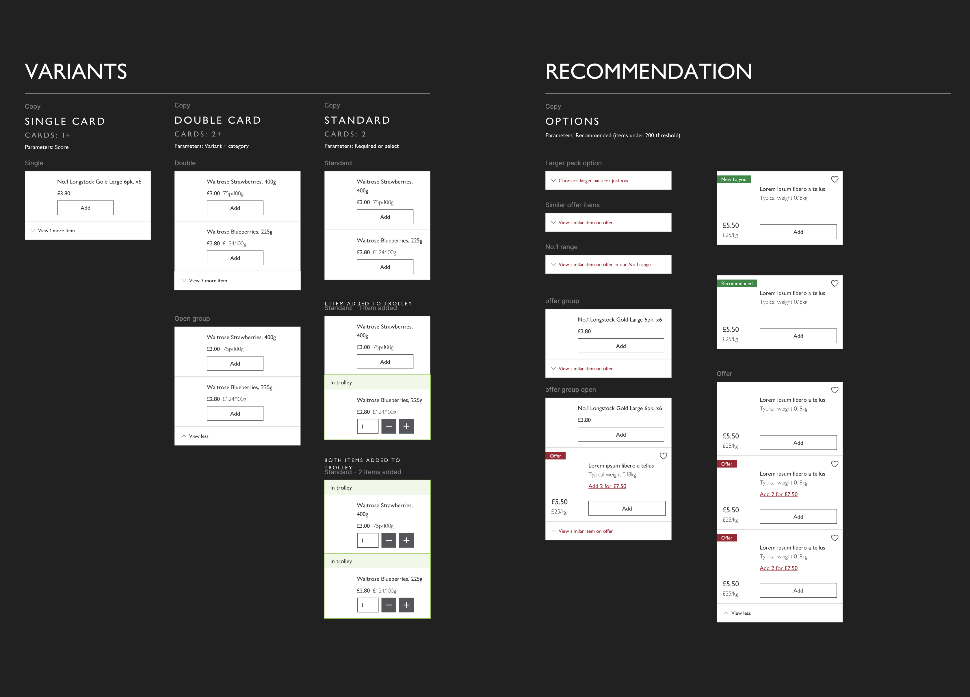 Figma specification showing single, double and standard recommendation variants with score and grouping parameters.