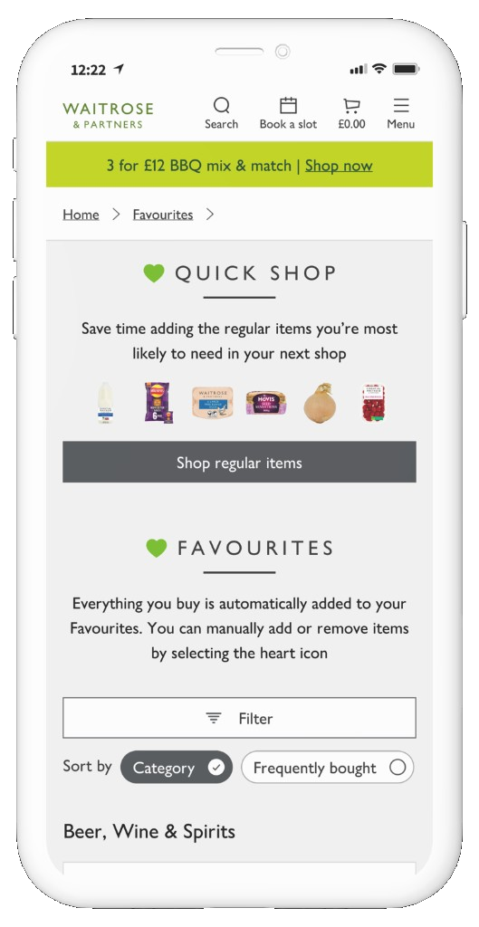 iPhone showing the Waitrose Quick Shop regulars screen with product shortcuts and favourites.