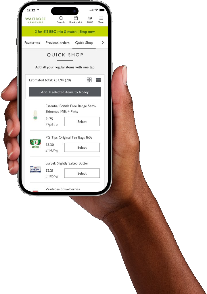 QuickShop list view showing regular items with quick add to trolley on mobile.