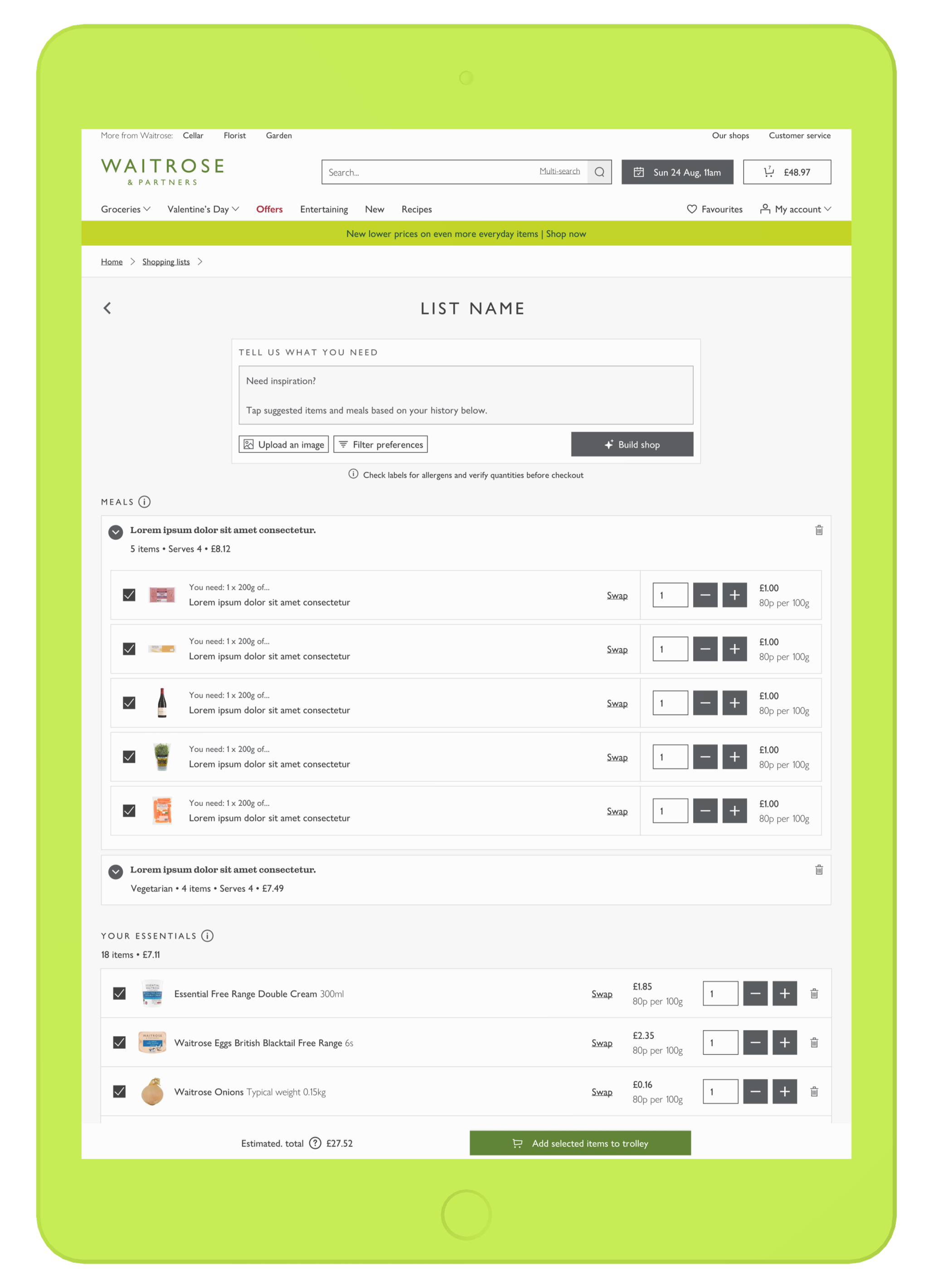 iPad showing the prediction-first shopping list with meals, essentials and a build shop action.