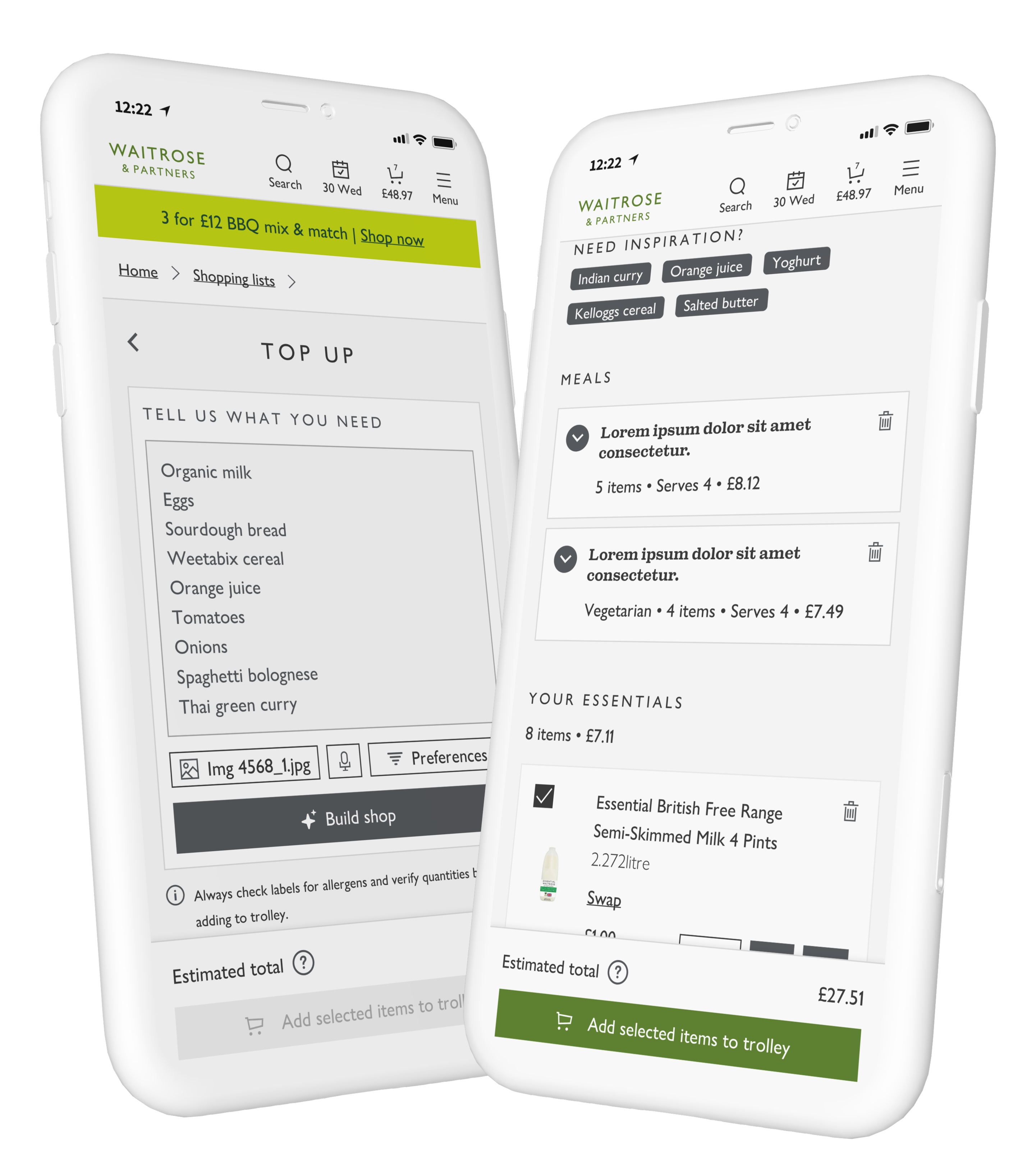 Two mobile screens showing a customer entering shopping intent and receiving editable basket suggestions.