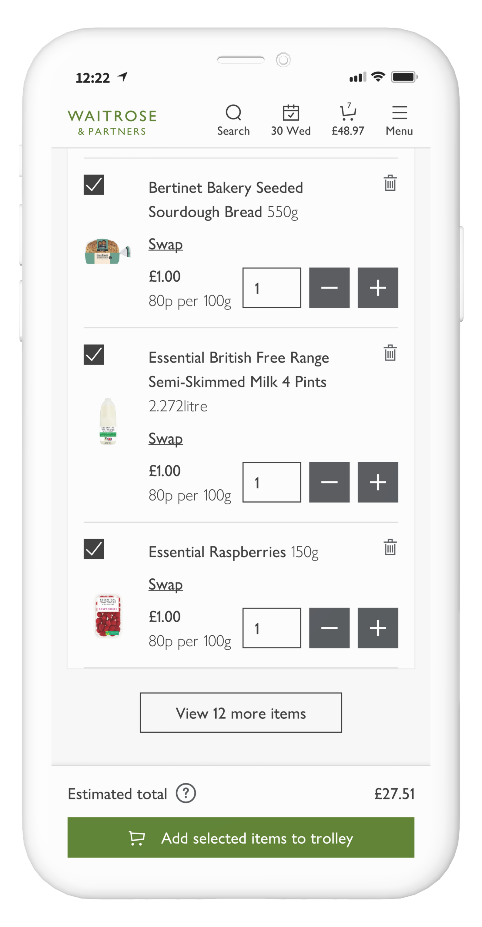 Mobile screen showing editable product suggestions with quantity controls and add to trolley action.