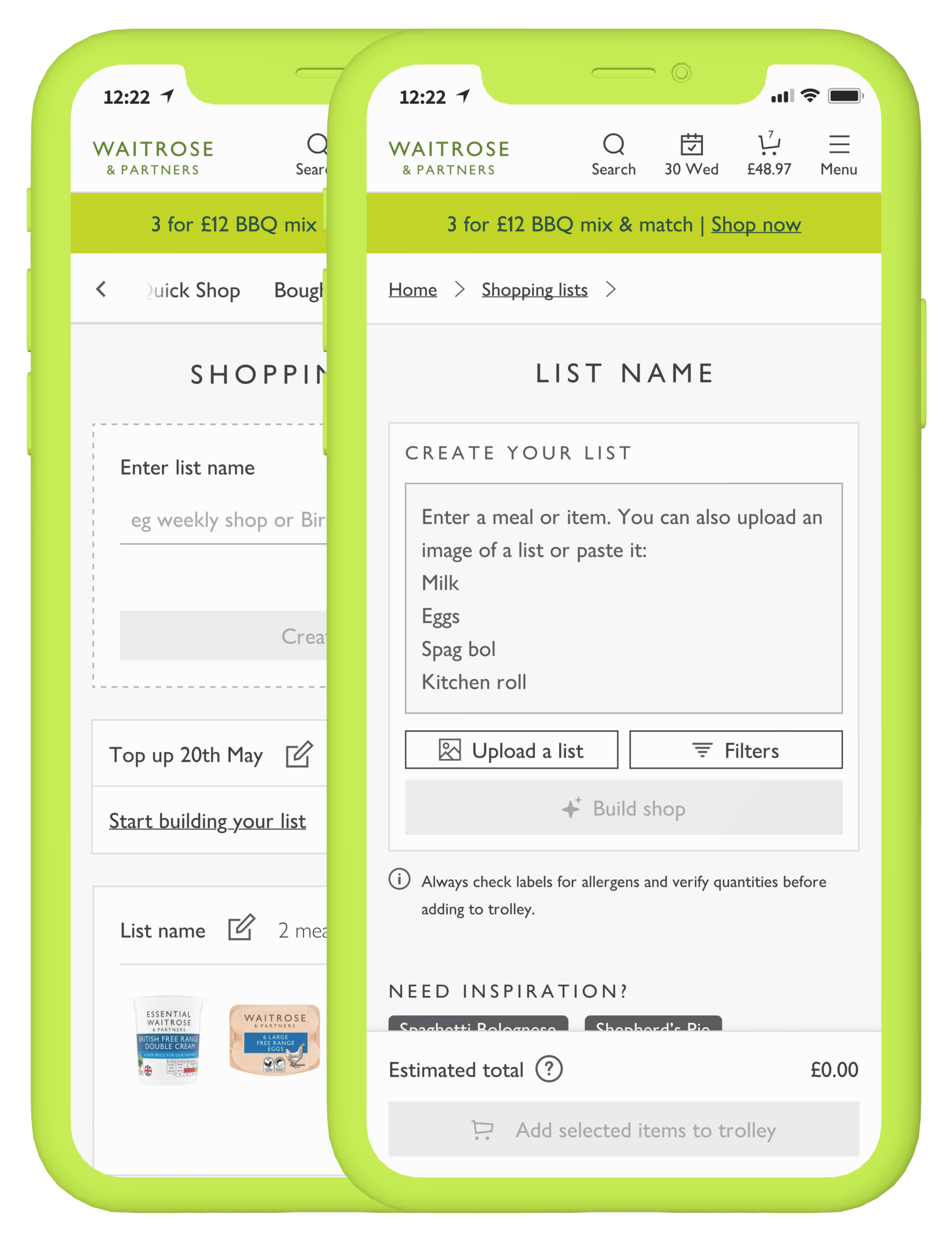 Waitrose shopping lists prototype showing create your list and build shop screens on mobile.